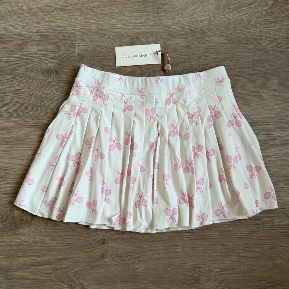 🆕 LoveShackFancy White Danica Pink Tennis Rackets Pleated Active Mini Skort